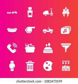 Premium set with fill vector icons. Such as truck, call, box, button, cycle, bike, smart, delivery, service, cook, spaceship, conditioner, gadget, time, recycle, sweet, bicycle, watch, sausage, scan