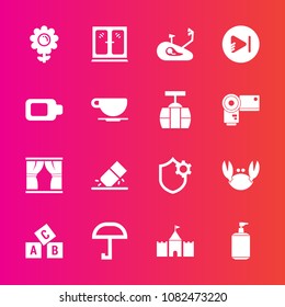 Premium set with fill vector icons. Such as cup, seafood, spring, video, soap, floral, rain, erase, weather, crab, alphabet, sea, play, white, battery, energy, home, clean, blossom, music, umbrella