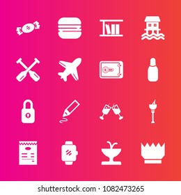 Premium set with fill vector icons. Such as red, queen, water, screen, gadget, ice, boat, menu, luxury, snack, burger, wine, food, security, fountain, sweet, travel, stationery, sandwich, sign, lock