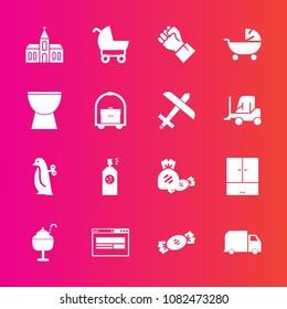 Premium set with fill vector icons. Such as toy, religious, percussion, carriage, cream, musical, people, hotel, lollipop, paint, church, travel, sign, vacation, cargo, human, flight, business, baby