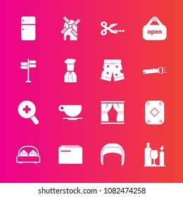 Premium set with fill vector icons. Such as refrigerator, information, cafe, play, direction, fridge, open, power, street, zoom, road, game, belt, wine, cut, curtain, glass, work, poker, bed, paper