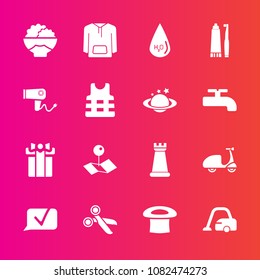 Premium set with fill vector icons. Such as drop, ride, agriculture, gift, chat, chess, present, cut, cycle, housework, communication, game, dryer, pin, home, water, location, jacket, toothbrush, king