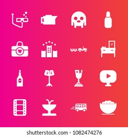 Premium set with fill vector icons. Such as entertainment, fountain, transport, cone, alcohol, cafe, winner, sign, space, film, bowl, scuba, coffee, place, white, sport, musical, alien, media, food