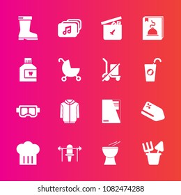 Premium set with fill vector icons. Such as footwear, sand, mouth, ball, hygiene, snorkel, carriage, percussion, toy, fitness, summer, clothing, pram, price, tag, dental, play, sale, menu, music, sign