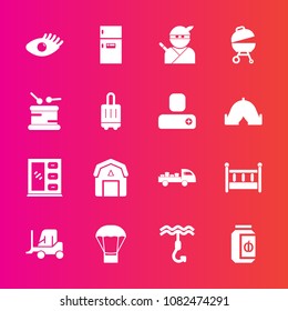 Premium set with fill vector icons. Such as car, child, face, freezer, glass, japanese, cabinet, meat, ninja, fridge, jar, shipping, beautiful, barn, bed, furniture, japan, girl, weapon, health, cargo
