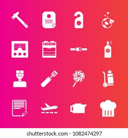 Premium set with fill vector icons. Such as hotel, travel, caffeine, white, cafe, spanner, lollipop, pan, sweet, equipment, cooking, doctor, spaceship, wrench, space, text, hospital, chief, airplane
