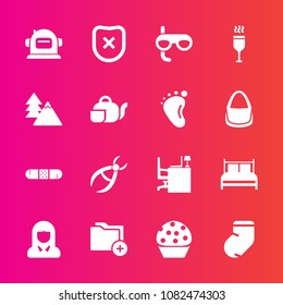 Premium set with fill vector icons. Such as woman, wine, young, clothes, dessert, astronaut, bedroom, winter, security, sweet, face, space, red, lady, food, socks, medicine, girl, science, work, scuba