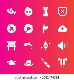 Premium set with fill vector icons. Such as japanese, baby, wildlife, saturn, music, japan, fashion, white, childhood, security, planet, seafood, sailboat, audio, nature, hat, boat, dolphin, sound, up