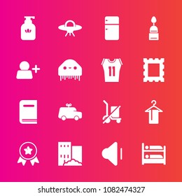 Premium set with fill vector icons. Such as sound, music, spaceship, ufo, clothing, send, alien, education, bottle, soap, hygiene, childhood, shipping, estate, house, play, place, doughnut, book, up