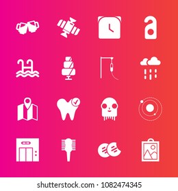 Premium set with fill vector icons. Such as sweet, beer, location, lift, beauty, pub, dental, fiction, office, healthy, dentist, watch, space, galaxy, orbit, bar, planet, care, clock, health, time