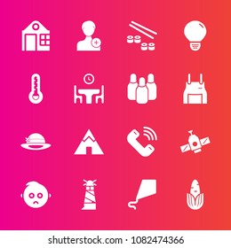 Premium set with fill vector icons. Such as camp, hat, business, sushi, planet, member, kite, fun, station, sea, orbit, baby, healthy, joy, estate, space, sign, beacon, kid, lighthouse, tent, sky, sad