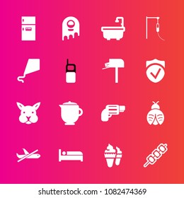 Premium set with fill vector icons. Such as pistol, plane, animal, alien, bed, meat, flight, gun, hotel, lady, ice, weapon, medicine, barbecue, refrigerator, teapot, sweet, fridge, drink, cute, food