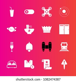 Premium set with fill vector icons. Such as transportation, drink, bell, juice, red, mark, camera, white, bedroom, alcohol, spaceship, furniture, travel, space, t-shirt, control, deactivate, fashion