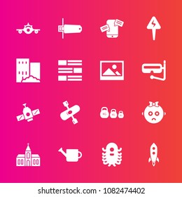 Premium set with fill vector icons. Such as cute, monster, communication, mobile, technology, building, ufo, plane, religion, phone, plant, sad, energy, alien, baby, religious, planet, fiction, weight