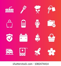 Premium set with fill vector icons. Such as sakura, stone, blossom, music, van, restaurant, pie, launch, security, fashion, bucket, full, check, spring, battery, cooking, train, chief, water, food, 