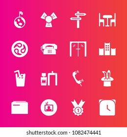 Premium set with fill vector icons. Such as phone, earth, clock, glass, direction, mon, minute, tv, japanese, juice, technology, nature, machine, telephone, door, call, time, scan, paper, table, file