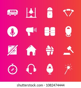 Premium set with fill vector icons. Such as spring, science, music, transport, north, justice, cream, building, wand, dont, easter, jump, sound, estate, dessert, food, speaker, real, map, chemistry