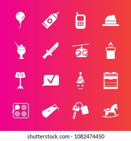 Premium set with fill vector icons. Such as brush, fashion, key, child, celebration, cute, kitchen, sweet, horse, clean, hat, chat, toy, dessert, science, auto, orchestra, old, stove, headwear, music