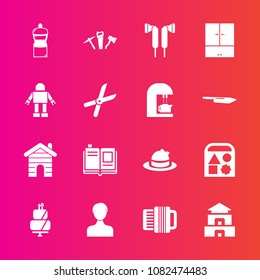 Premium set with fill vector icons. Such as profile, fashion, garden, cake, cleaner, clothing, education, broom, style, play, accordion, real, building, gardening, business, robot, textbook, hammer