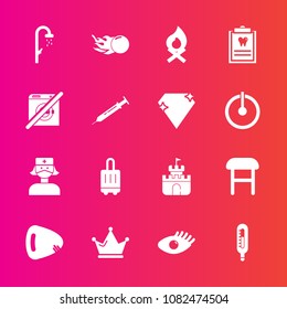 Premium set with fill vector icons. Such as baggage, music, campfire, interior, beauty, dentist, chair, nurse, crown, hot, face, girl, queen, medical, comfortable, fireplace, flame, sand, toy, guitar