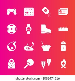 Premium set with fill vector icons. Such as sport, table, pepper, fireplace, flame, bike, underwater, plane, campfire, travel, powder, report, ping, time, timetable, joystick, sea, food, airplane, day