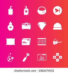 Premium set with fill vector icons. Such as backpack, pillow, bag, document, exploration, astronaut, fashion, kid, perfume, soap, concept, sign, computer, rucksack, music, white, play, video, soft