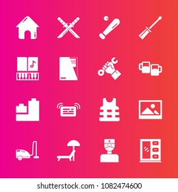 Premium set with fill vector icons. Such as house, toy, weapon, sport, old, league, housework, play, medical, message, picture, background, screwdriver, building, beach, art, life, summer, cabinet