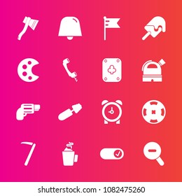 Premium set with fill vector icons. Such as pistol, clock, flag, sweet, communication, cream, dessert, drawing, axe, cup, watch, national, tool, handgun, drink, equipment, fashion, gun, art, , nation