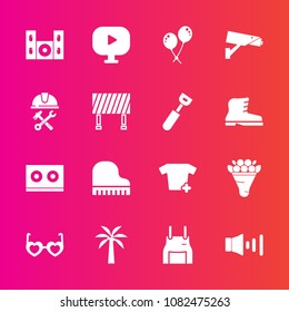 Premium set with fill vector icons. Such as traffic, surveillance, home, uniform, security, cinema, chef, clothes, foreman, industry, safety, music, volume, construction, pink, helmet, pinafore, road