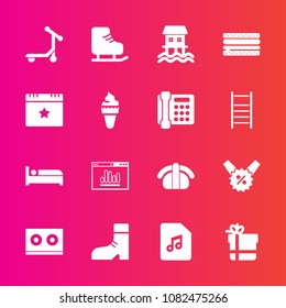 Premium set with fill vector icons. Such as sound, gift, percent, package, sport, bed, houseboat, boot, transport, food, note, snack, white, footwear, boat, music, sushi, event, foot, bow, vehicle