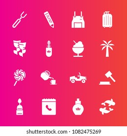 Premium set with fill vector icons. Such as cook, floral, knife, book, apron, travel, bottle, judge, tea, pinafore, spring, aroma, sea, phone, cake, law, drink, restaurant, beauty, dessert, justice