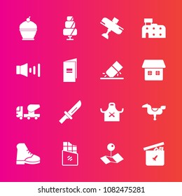 Premium set with fill vector icons. Such as aircraft, bar, kid, dessert, location, travel, speaker, knife, sweet, equipment, city, restaurant, boot, pointer, flight, fork, food, plane, happy, horse