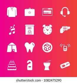 Premium set with fill vector icons. Such as pie, music, musical, travel, real, jacket, communication, note, sound, dentist, business, dental, air, call, speaker, sweet, japanese, outdoor, percussion
