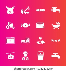 Premium Set With Fill Vector Icons. Such As Tap, Web, Bucket, Boy, Crane, Train, Bathroom, Object, Rabbit, Happy, Male, Holiday, Accident, Blue, Tractor, Media, Car, Map, Internet, Sky, Pointer, Flag