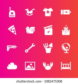 Premium set with fill vector icons. Such as art, baby, science, full, tool, hammer, seafood, plastic, duck, clothes, space, frame, cradle, globe, war, fresh, crab, planet, food, equipment, boy, child