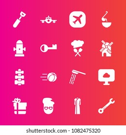 Premium set with fill vector icons. Such as departure, soup, hammer, spanner, package, spoon, wrench, gym, female, tool, food, hipster, retro, gift, bathroom, cloud, cooking, game, hydrant, ball, bath