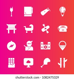Premium set with fill vector icons. Such as extreme, video, jump, work, home, location, bamboo, samurai, technology, dessert, speaker, nature, meat, compass, cinema, plant, japanese, asian, cloud, bar