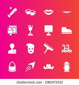 Premium set with fill vector icons. Such as sign, style, headwear, brush, sport, female, league, paint, retro, delete, user, graphic, bar, plane, paper, account, clothing, roller, beauty, equipment
