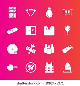 Premium set with fill vector icons. Such as idea, pill, parachute, fun, sweet, parachuting, disc, extreme, science, jump, life, surf, dessert, healthy, drum, power, chocolate, dvd, sign, bar, light