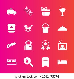 Premium set with fill vector icons. Such as childhood, technology, travel, construction, hotel, holiday, celebration, screen, cosmos, female, bedroom, science, television, work, first, toy, cocktail