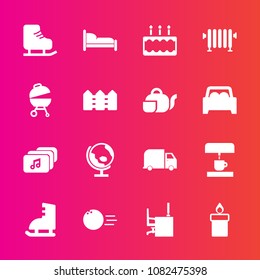 Premium set with fill vector icons. Such as fire, planet, service, barbecue, skating, global, cold, bedroom, hot, fun, ball, sweet, globe, work, pin, food, table, office, pie, desk, candle, furniture