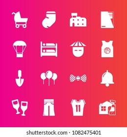 Premium set with fill vector icons. Such as stroller, ring, drink, city, bell, balloon, house, child, pram, game, alarm, cleaner, decoration, architecture, glass, paper, document, elegant, shovel, tie