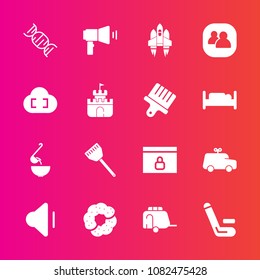 Premium set with fill vector icons. Such as dessert, championship, team, cricket, megaphone, transportation, kitchen, music, web, cooking, space, car, audio, group, people, child, van, doughnut, sound