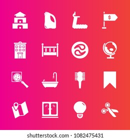 Premium set with fill vector icons. Such as map, house, bed, treadmill, magnifier, building, cut, finance, location, interior, sport, search, pagoda, sign, hair, asia, fitness, can, energy, money, pin