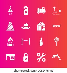 Premium set with fill vector icons. Such as sign, birthday, fresh, table, truck, carrot, lock, tool, travel, wedding, couple, privacy, nature, work, fun, groom, wildlife, shipping, celebration, sweet