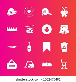 Premium set with fill vector icons. Such as knife, home, domestic, waste, spacecraft, spaceship, space, makeup, planet, housework, butterfly, cooking, apple, food, galaxy, vacuum, black, pan, business