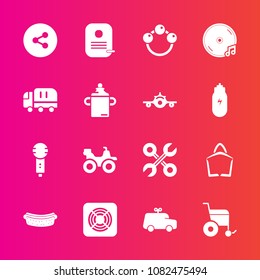 Premium set with fill vector icons. Such as wheelchair, dinner, microphone, media, sound, bag, album, , toy, extreme, button, voice, sausage, play, sign, infant, air, food, hotdog, car, sale, karaoke