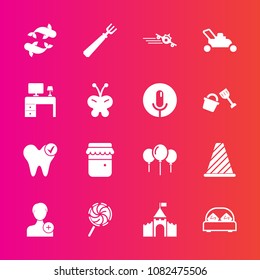 Premium set with fill vector icons. Such as celebration, lawn, airplane, decoration, healthy, jar, traffic, honey, jam, dinner, medieval, double, travel, dentist, road, lollipop, sign, street, grass