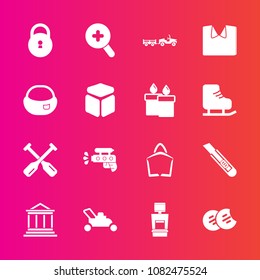 Premium set with fill vector icons. Such as grass, clothing, new, food, lock, banking, sign, scan, backpack, shirt, equipment, canoe, bank, finance, oar, sweet, gardening, glass, lawn, zoom, xray, 