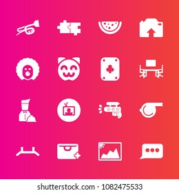 Premium set with fill vector icons. Such as kitty, technology, puzzle, asian, restaurant, equipment, play, music, scary, character, water, gun, message, chat, television, screen, pistol, speech, up